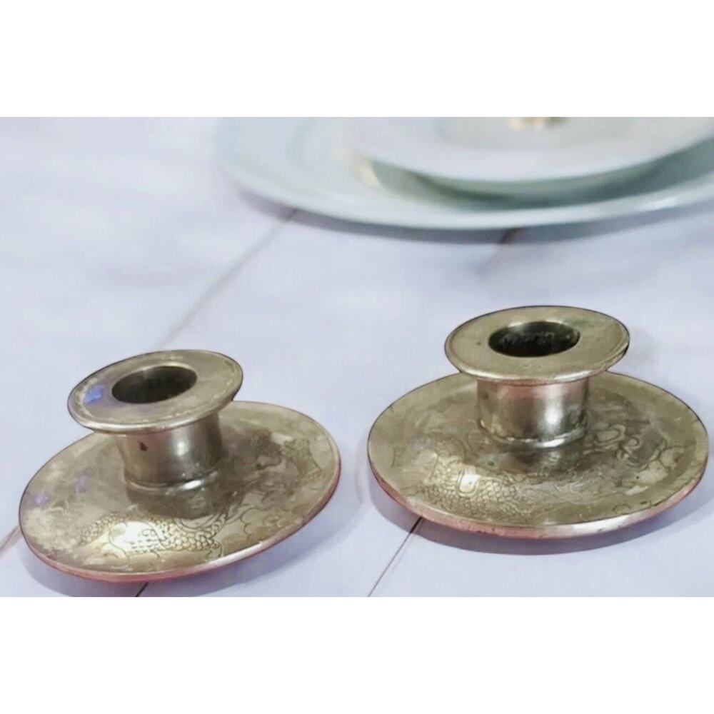 PAIR VINTAGE BRASS Candlestick Holders Etched Dragon 1.5” Fast Ship 1318-55